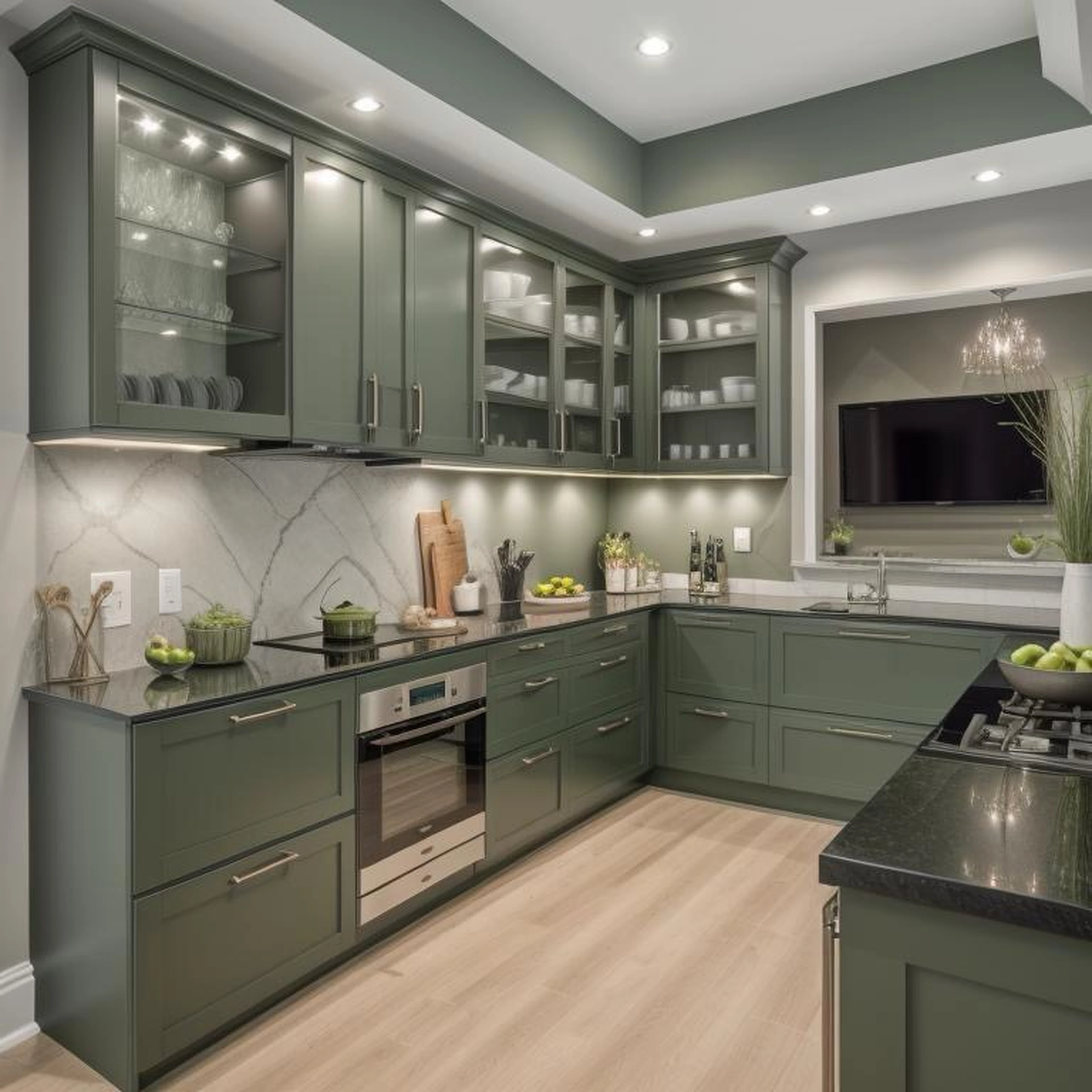 Completed sage-green kitchen design